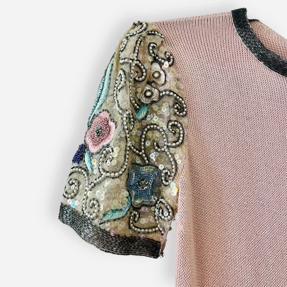 Vintage Don‎ Sayres Wellmore Sweater Dress Small Pink Sequin Beaded Floral